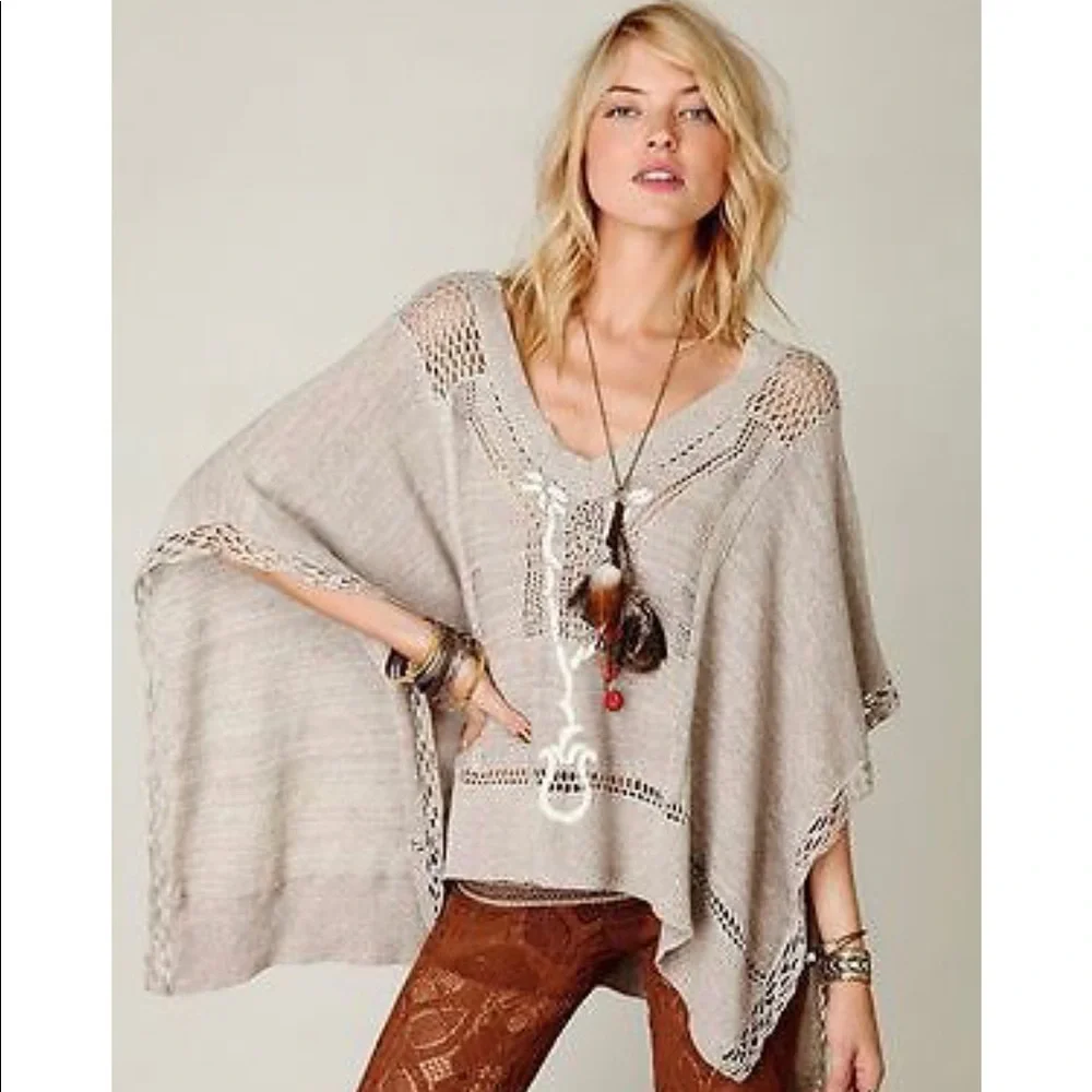 Vintage Free People Silk & Cotton Blend Oatmeal Poncho Cape Onesize
